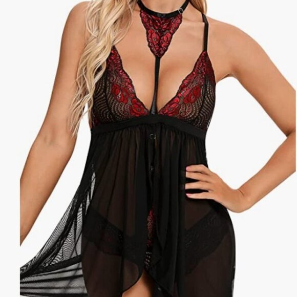 Sexy Lace Babydoll Lingerie with Choker Chemise Nightgown Cut Out Back 2PCS - Picture 7 of 11